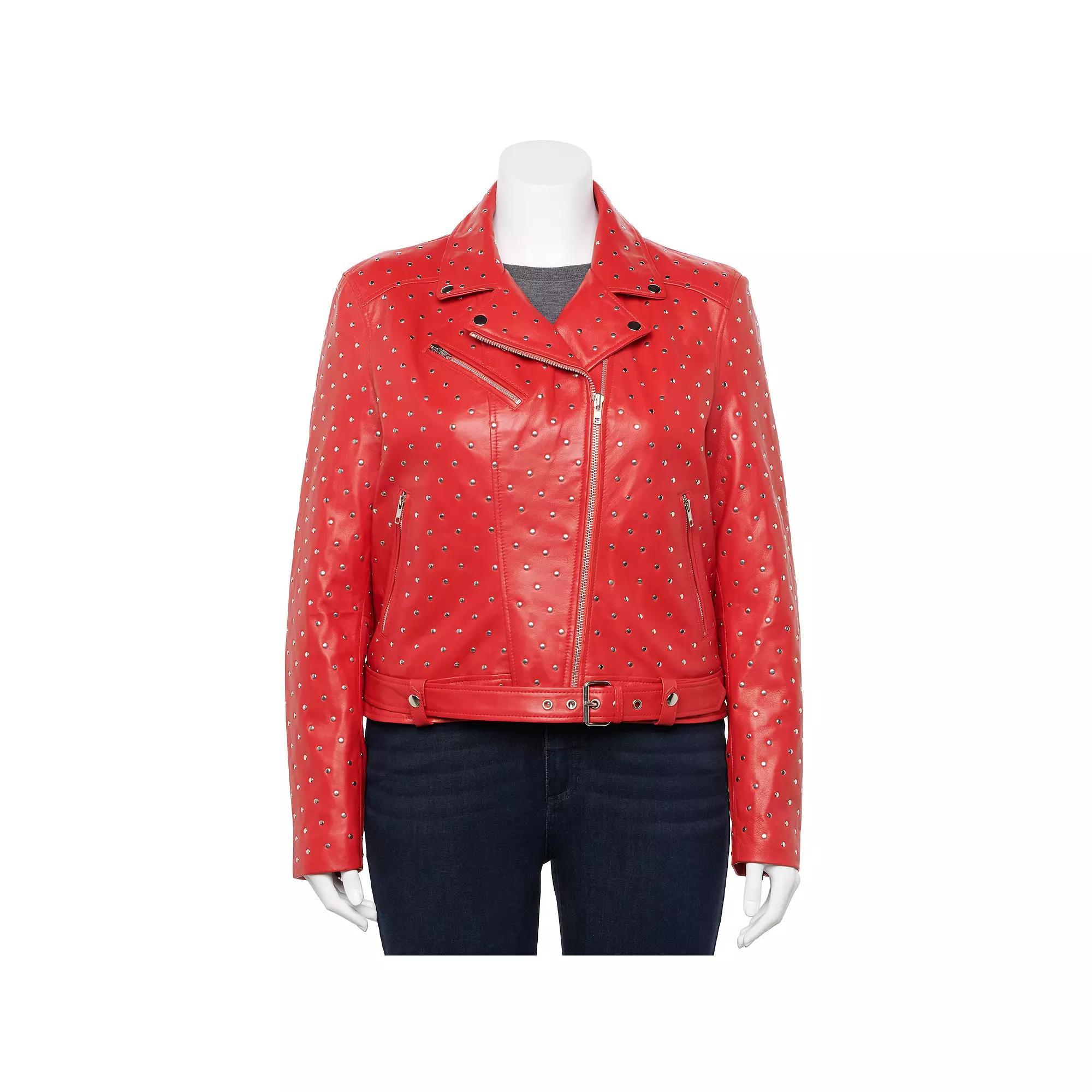 Plus Size Whet Blu Claudia Studded Leather Jacket, Women's, Size: 5XL, Red Red Product Image