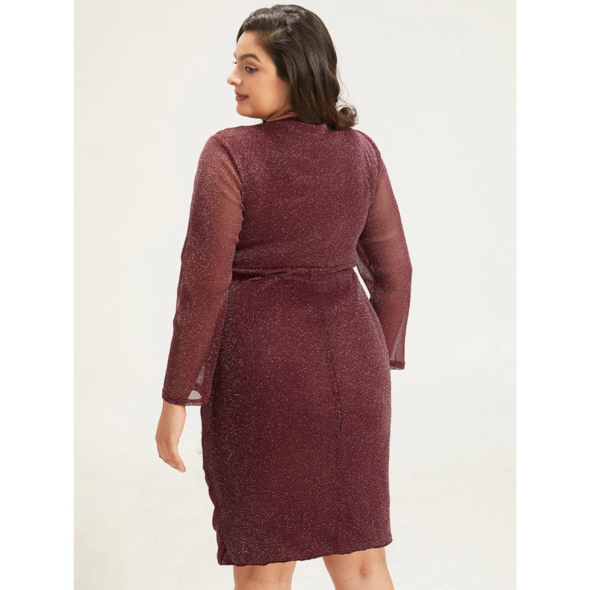 Plus Size Lurex Glitter Crew Neck Mesh Patchwork Gathered Dress Burgundy Women Casual Gathered Round Neck Long Sleeve Curvy Midi Dress BloomChic 30/6X Product Image