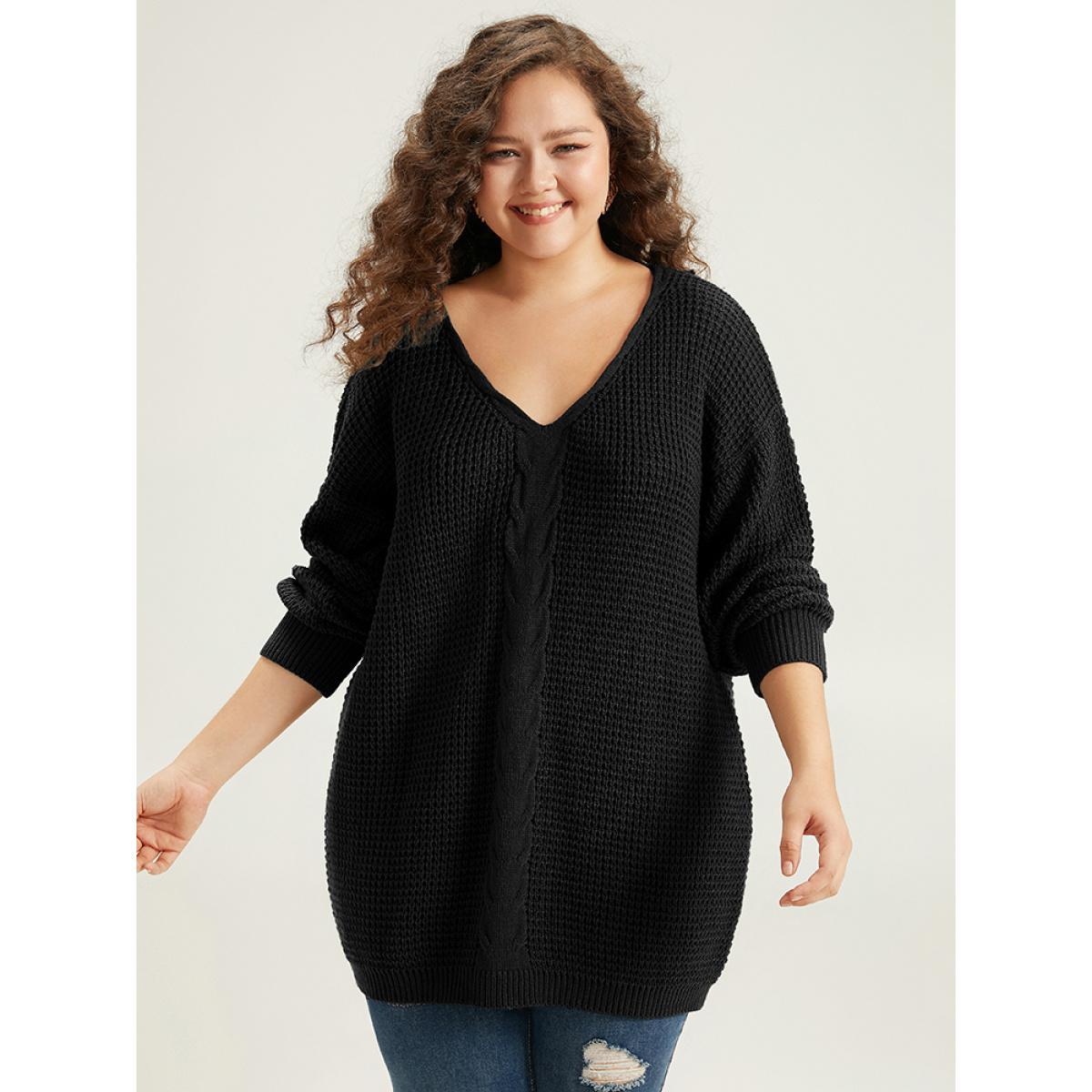 Plus Size Cable Knit Plain Elastic Cuffs Pullover Black Women Casual Loose Long Sleeve V-neck Dailywear Pullovers BloomChic 18-20/2X Product Image