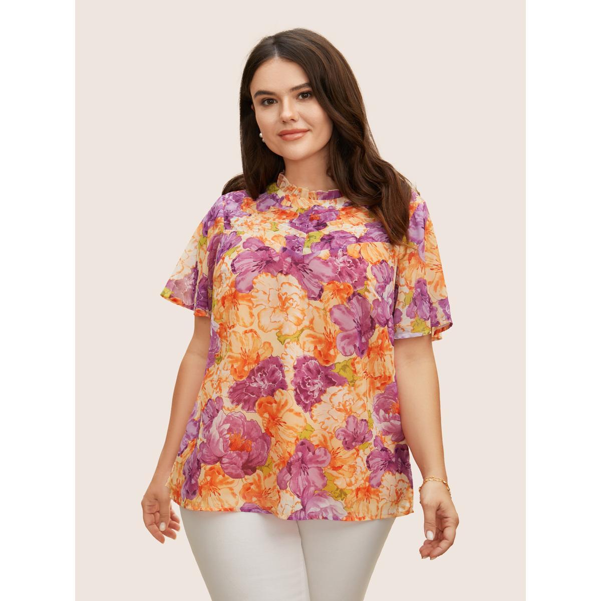 Plus Size Multicolor Mock Neck Contrast Floral Flutter Sleeve Blouse Women Elegant Short sleeve Mock Neck Everyday Blouses BloomChic 28/5X Product Image