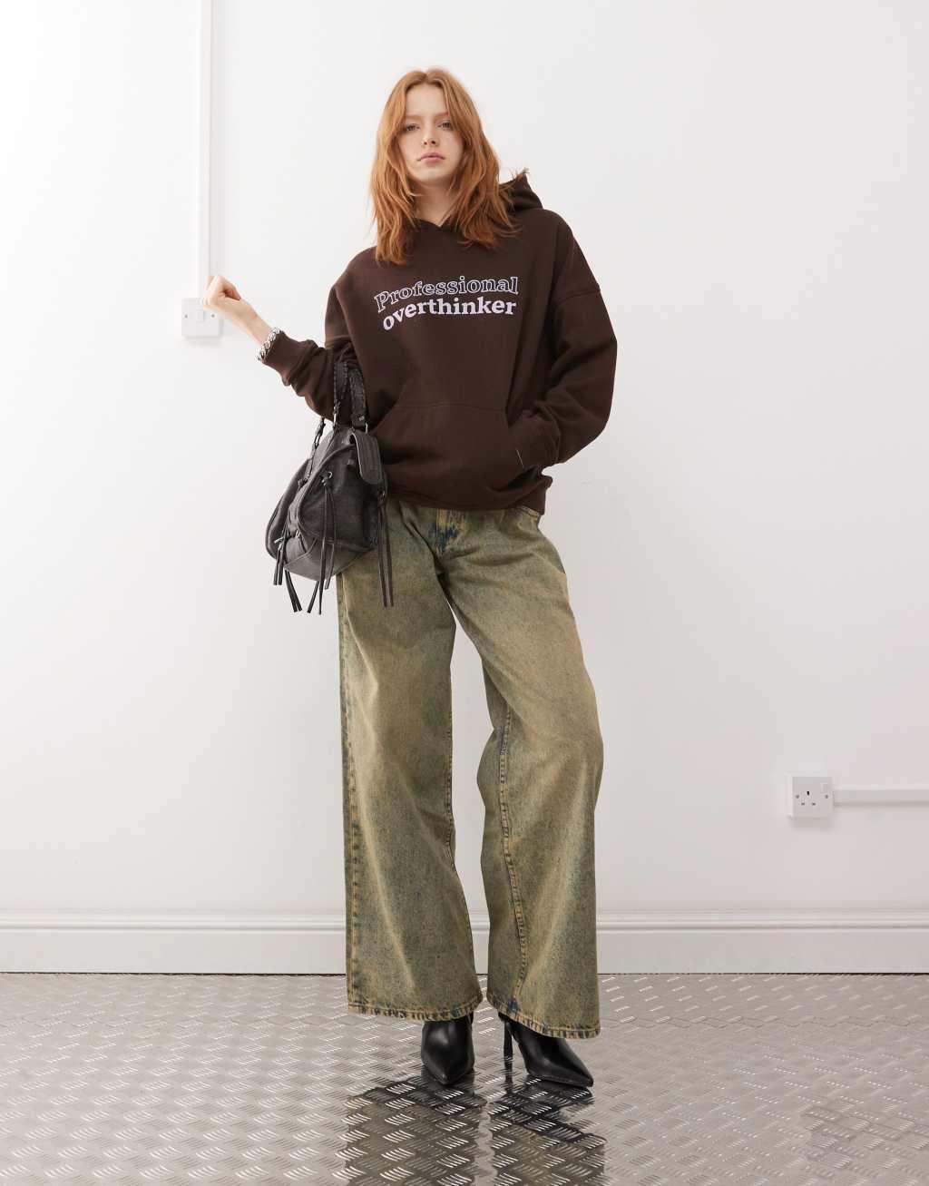 Motel oversized slogan hoodie in bitter chocolate Product Image
