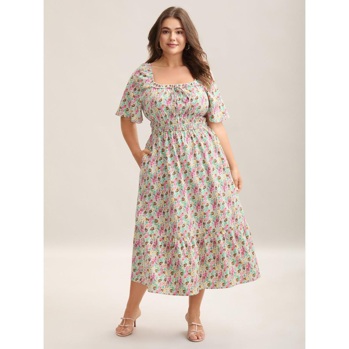 Plus Size Smocked Waist Floral Ties Tiered Maxi Dress Greenbean Women Elegant Tie knot Square Neck Short sleeve Curvy BloomChic 28/5X Product Image