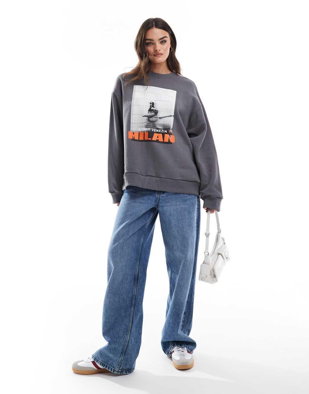 ASOS DESIGN oversized sweatshirt with Milan graphic in charcoal Product Image