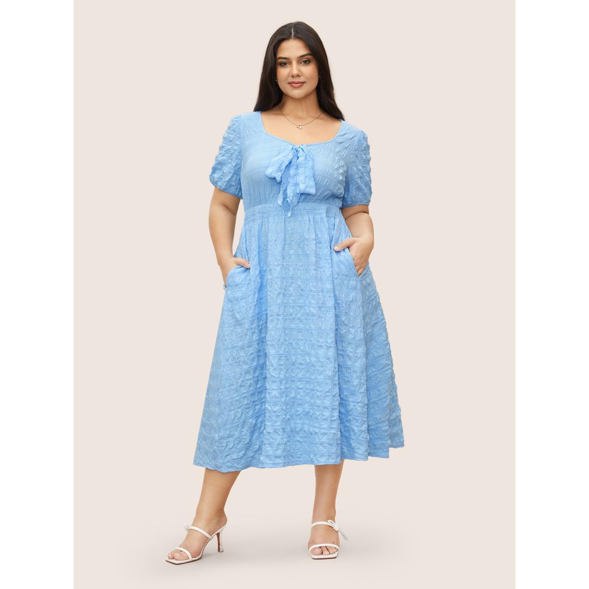 Plus Size Citrus Plain Texture Shirred Tie Knot Lantern Sleeve Dress LightBlue Women Elegant Tie knot Heart neckline Short sleeve Curvy Midi Dress BloomChic 28/5X Product Image