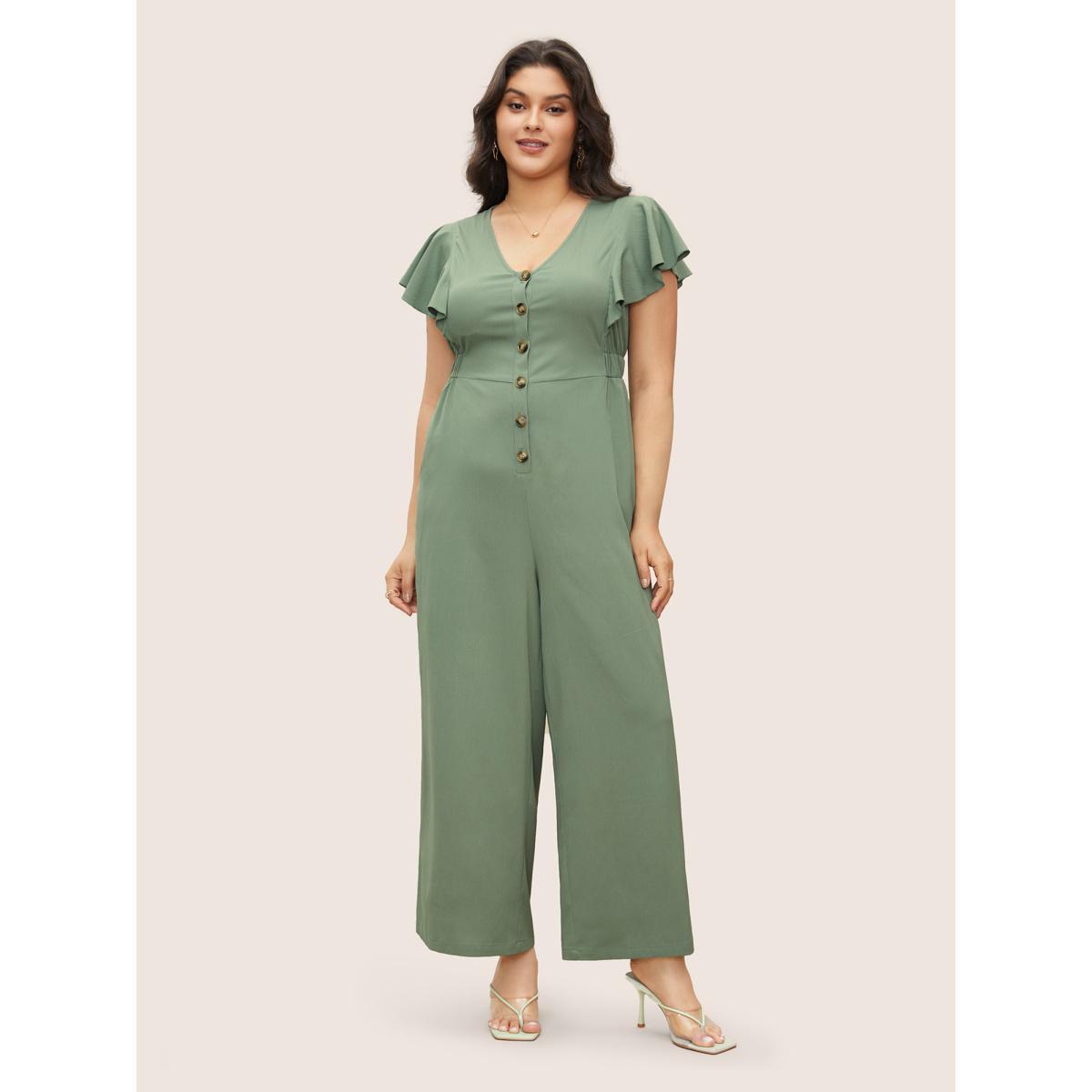 Plus Size Sage Solid Button Up Ruffle Cap Sleeve Jumpsuit Women Elegant Cap Sleeve V-neck Everyday Loose Jumpsuits BloomChic 30/6X Product Image
