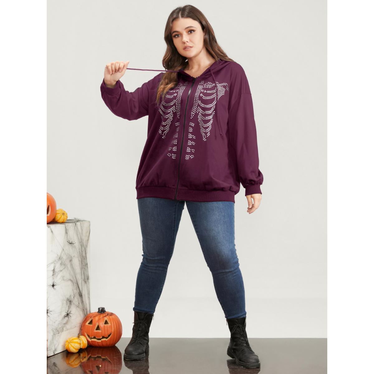 Plus Size Halloween Skeleton Print Zip Up Drawstring Hooded Sweatshirt Women RedViolet Casual Printed Hooded Dailywear Sweatshirts BloomChic 14-16/1X Product Image