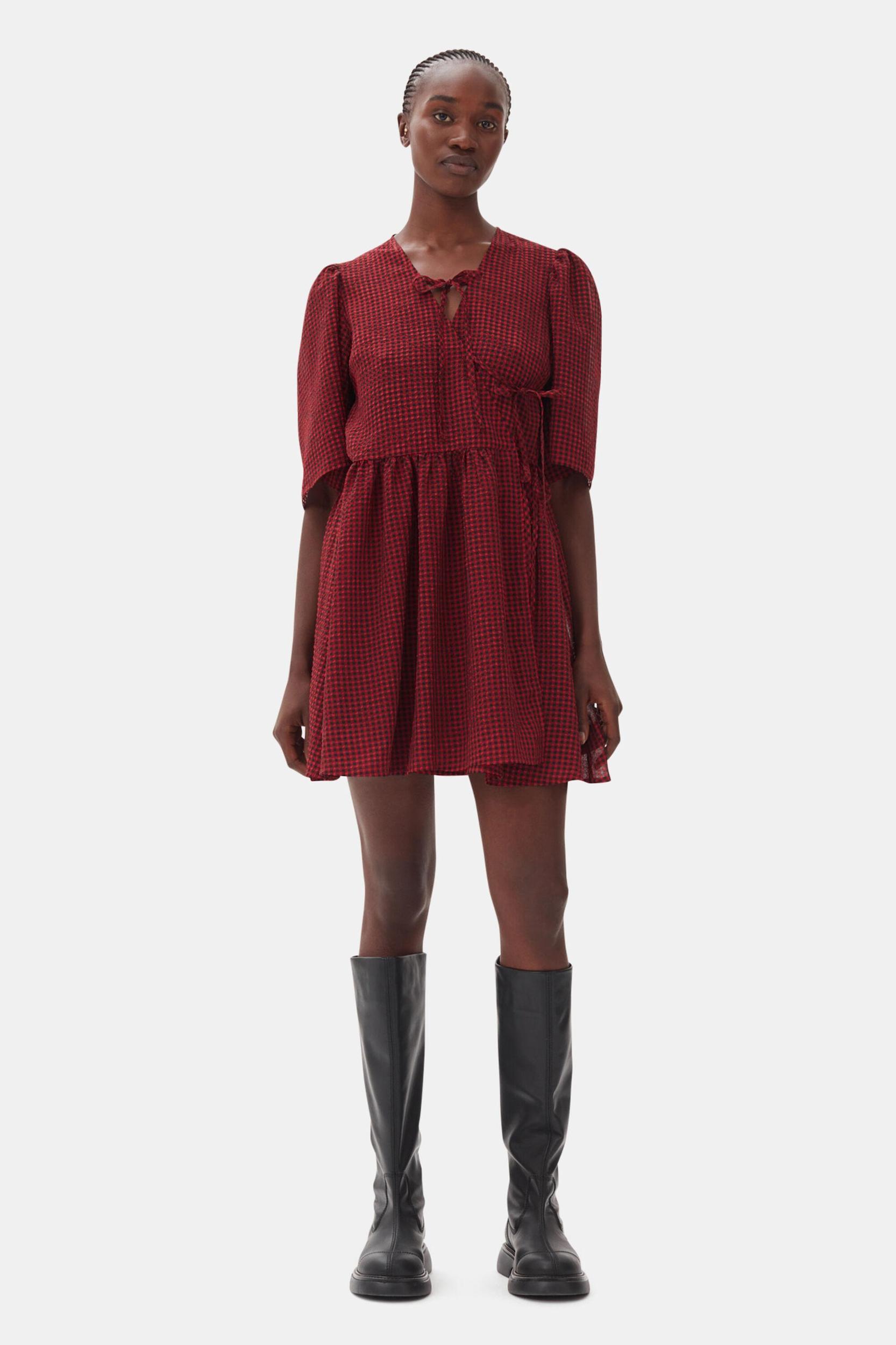Red Sheer Tie String Wrap Dress Product Image