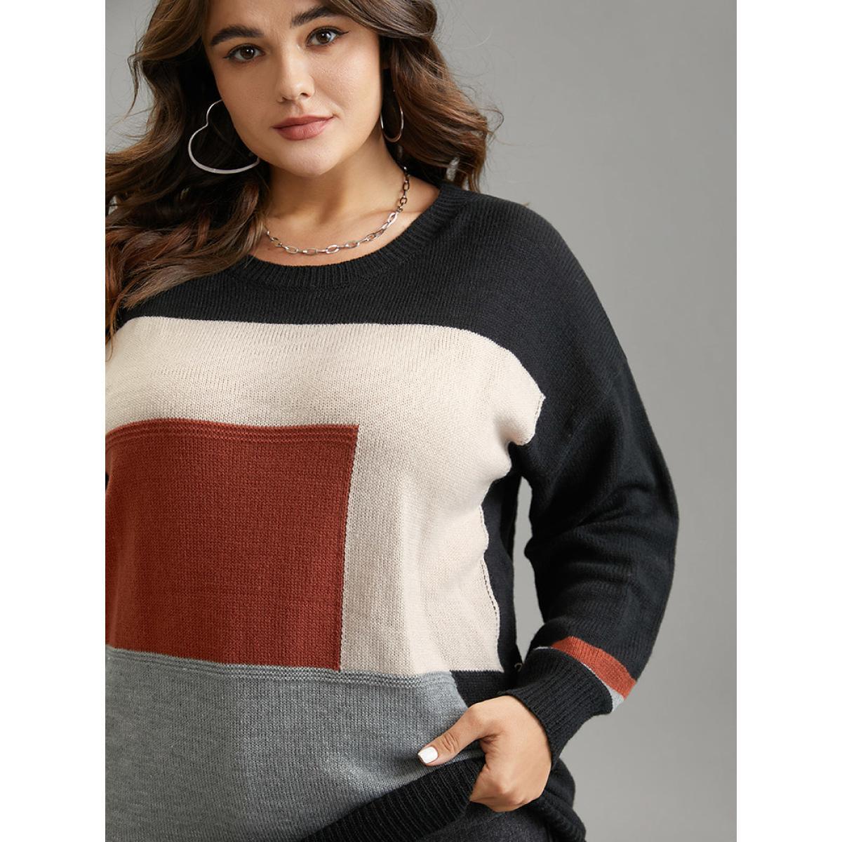 Plus Size Asymmetrical Colorblock Contrast Drop Shoulder Pullover Black Women Casual Loose Long Sleeve Round Neck Dailywear Pullovers BloomChic 12/L Product Image