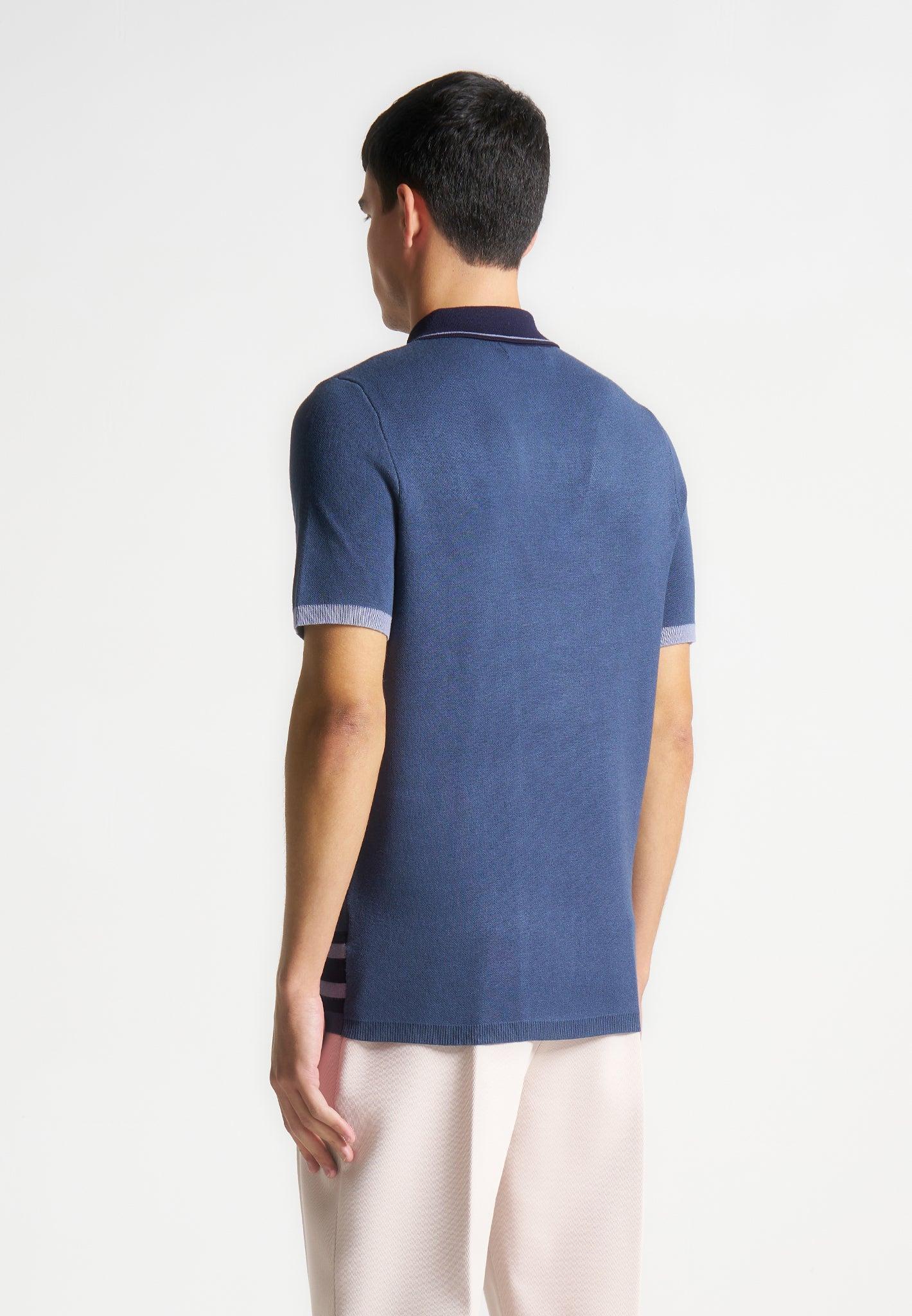 Contrast Border Knit Zip Polo Shirt - Blue Male Product Image