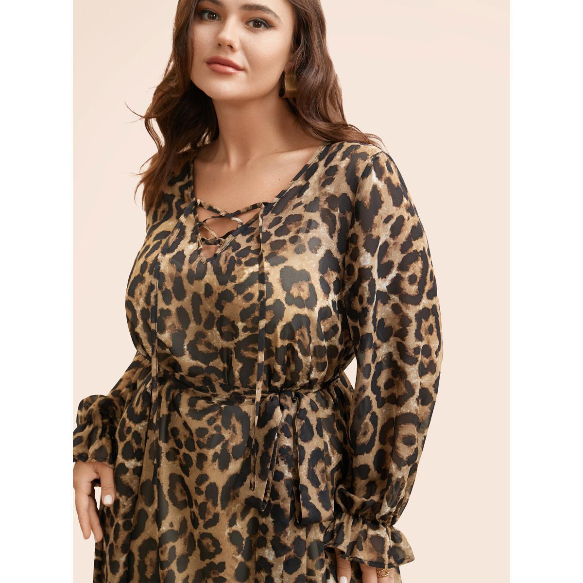 Plus Size Leopard Print Lace Up Lantern Sleeve Dress Leopard Women Elegant Wraparound straps V-neck Long Sleeve Curvy BloomChic 10/M Product Image