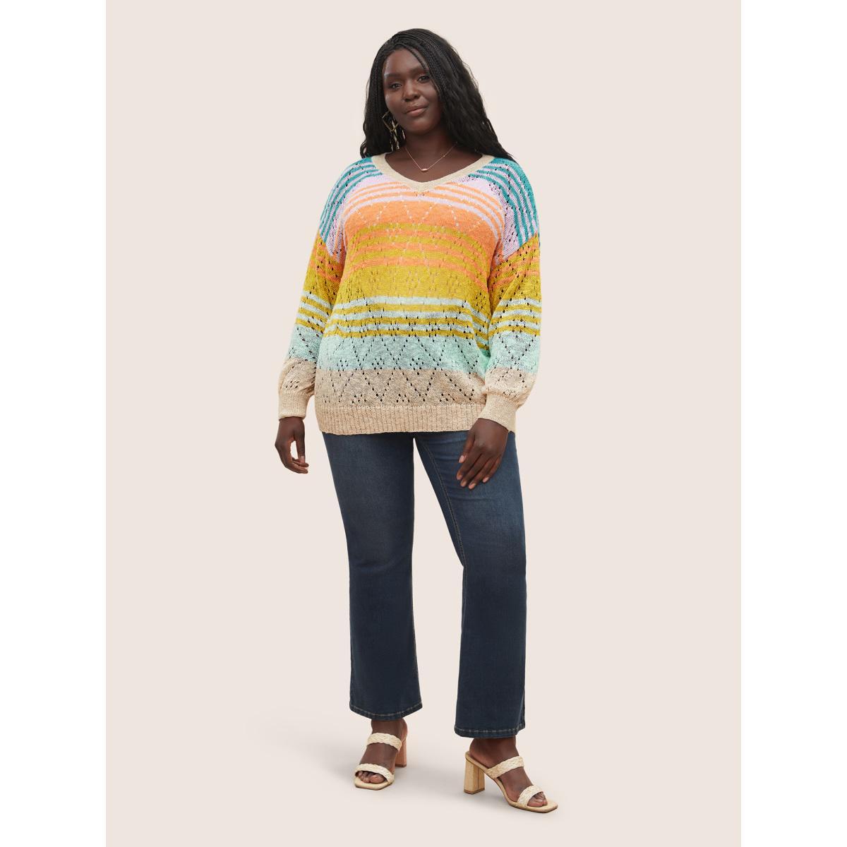 Plus Size Color Striped Hollow Out Pullover Multicolor Women Casual Long Sleeve V-neck Everyday Pullovers BloomChic 14-16/1X Product Image