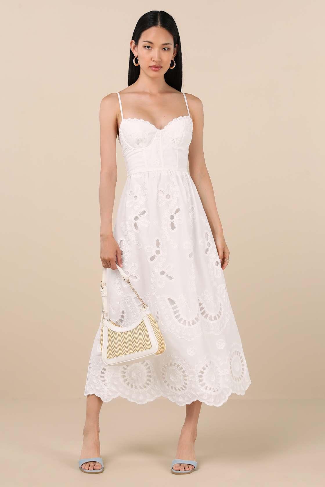 Jenora White Embroidered Bustier Midi Dress Product Image