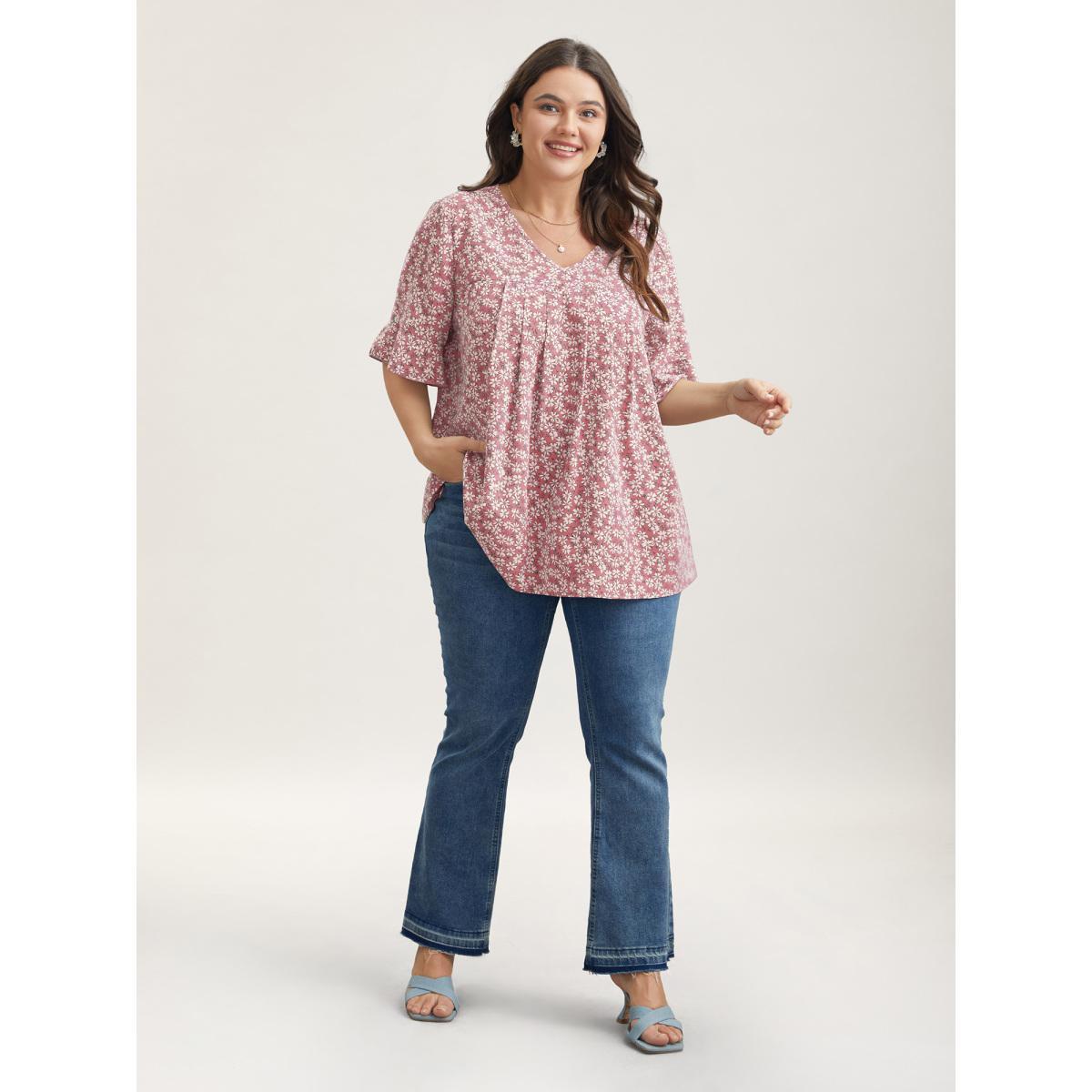 Plus Size Blush Ditsy Floral Pleated Flared Sleeve Shirt Women Elegant Half Sleeve V-neck Everyday Blouses BloomChic 22-24/3X Product Image
