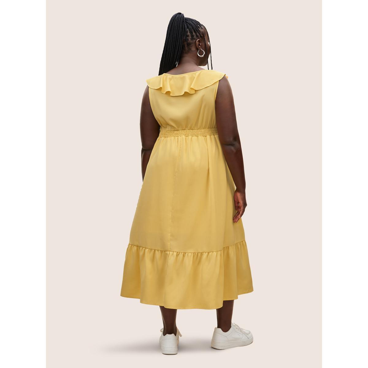 Plus Size Plain Shirred Ruffle Trim Sleeveless Dress Lightyellow Women Elegant U-neck Sleeveless Curvy BloomChic 18-20/2X Product Image