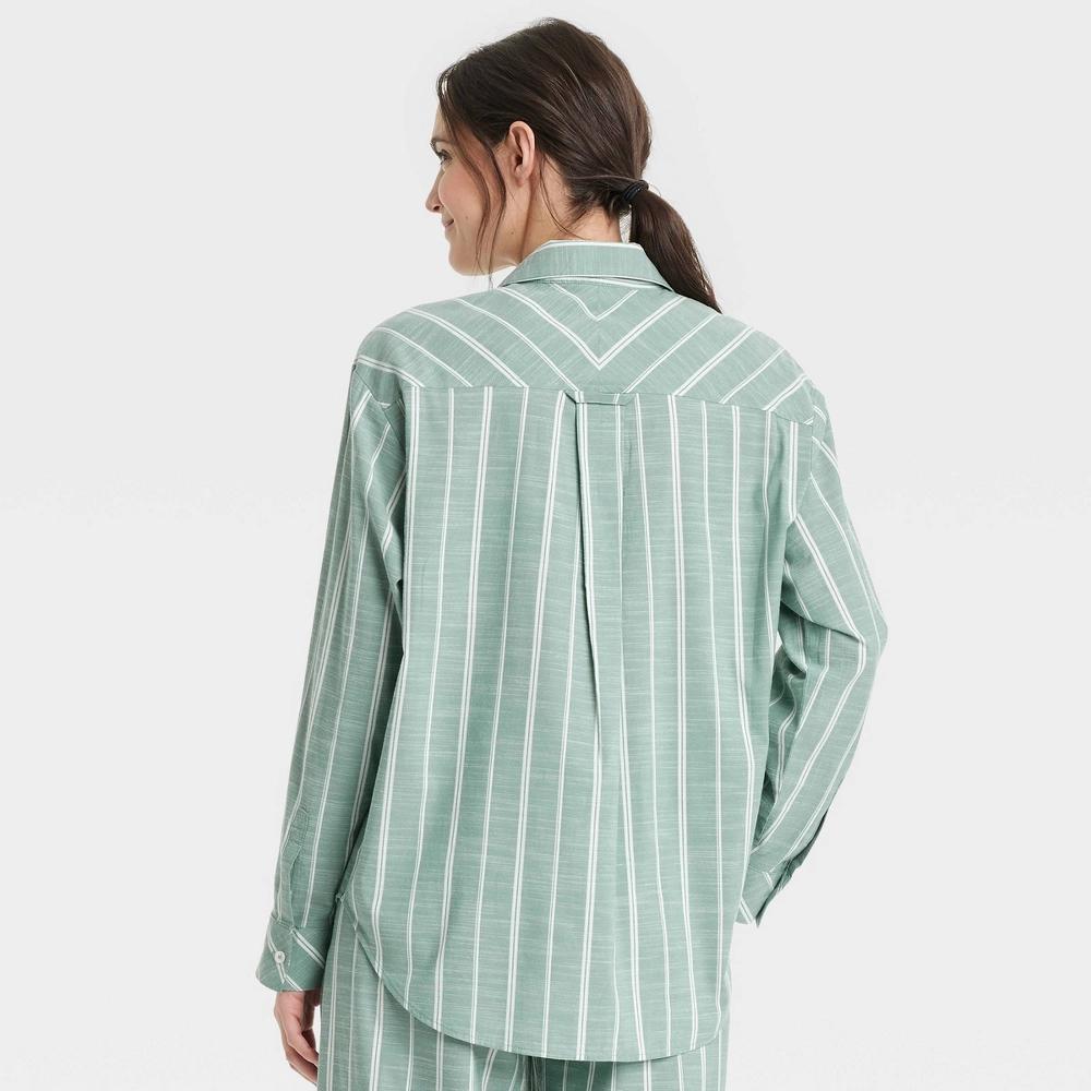 Women's Striped Cotton Blend Long Sleeve Pajama Shirt - Auden™ Green M: Button Down Collar, Front Pocket, Poplin Fabric Product Image