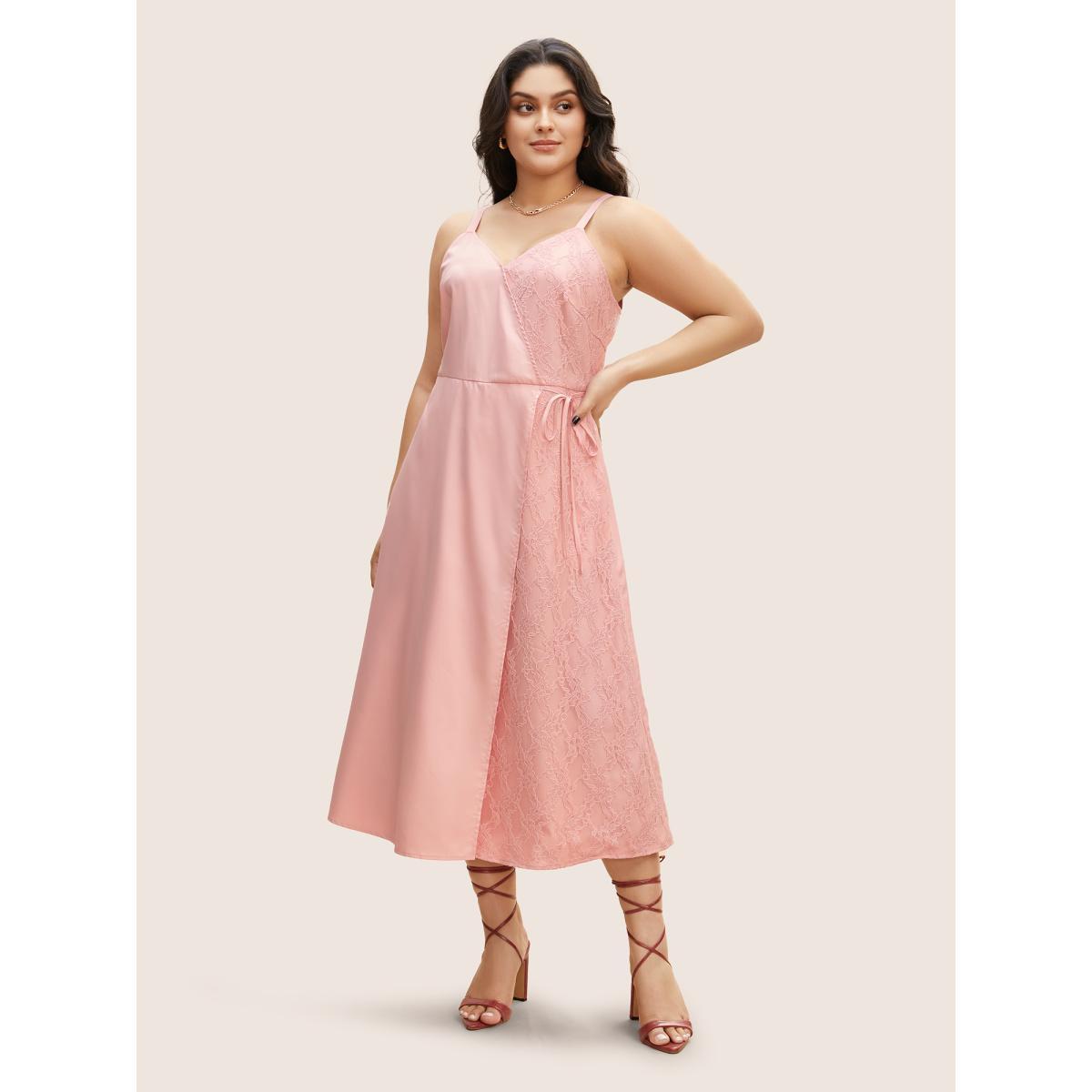 Plus Size Solid Lace Patchwork Tie Knot Midi Dress Blush Women Elegant Woven ribbon&lace trim V-neck Sleeveless Curvy BloomChic 26/4X Product Image