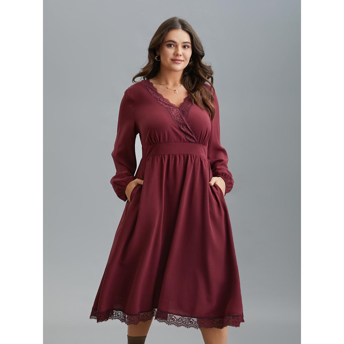 Plus Size Lace Detail Surplice Neckline Midi Dress Burgundy Women Elegant Woven ribbon&lace trim Overlap Collar Long Sleeve Curvy BloomChic 30/6X Product Image