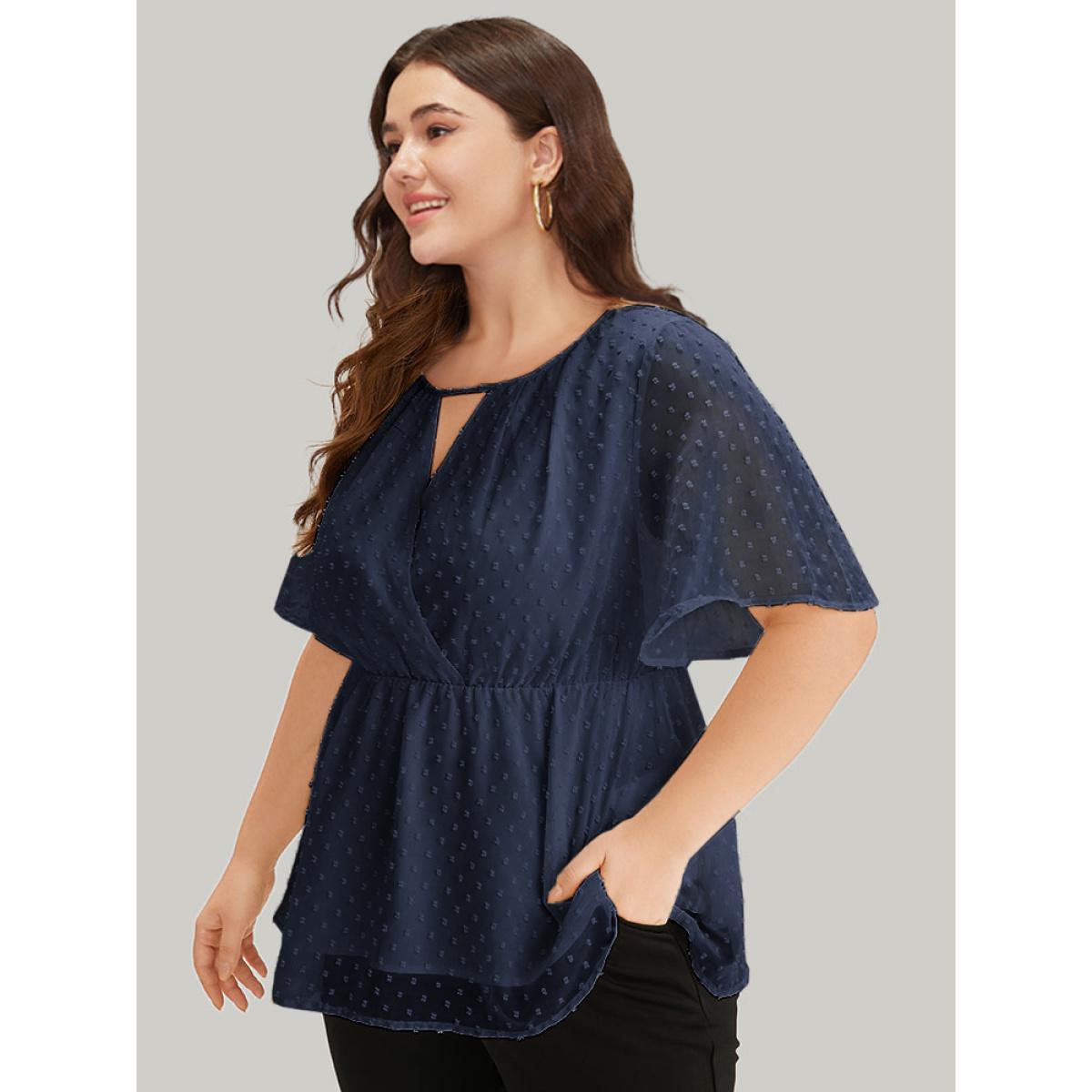 Plus Size Indigo Polka Dot Keyhole Mesh Gathered Flutter Sleeve Blouse Women Office Short sleeve V-neck Work Blouses BloomChic 12/L Product Image