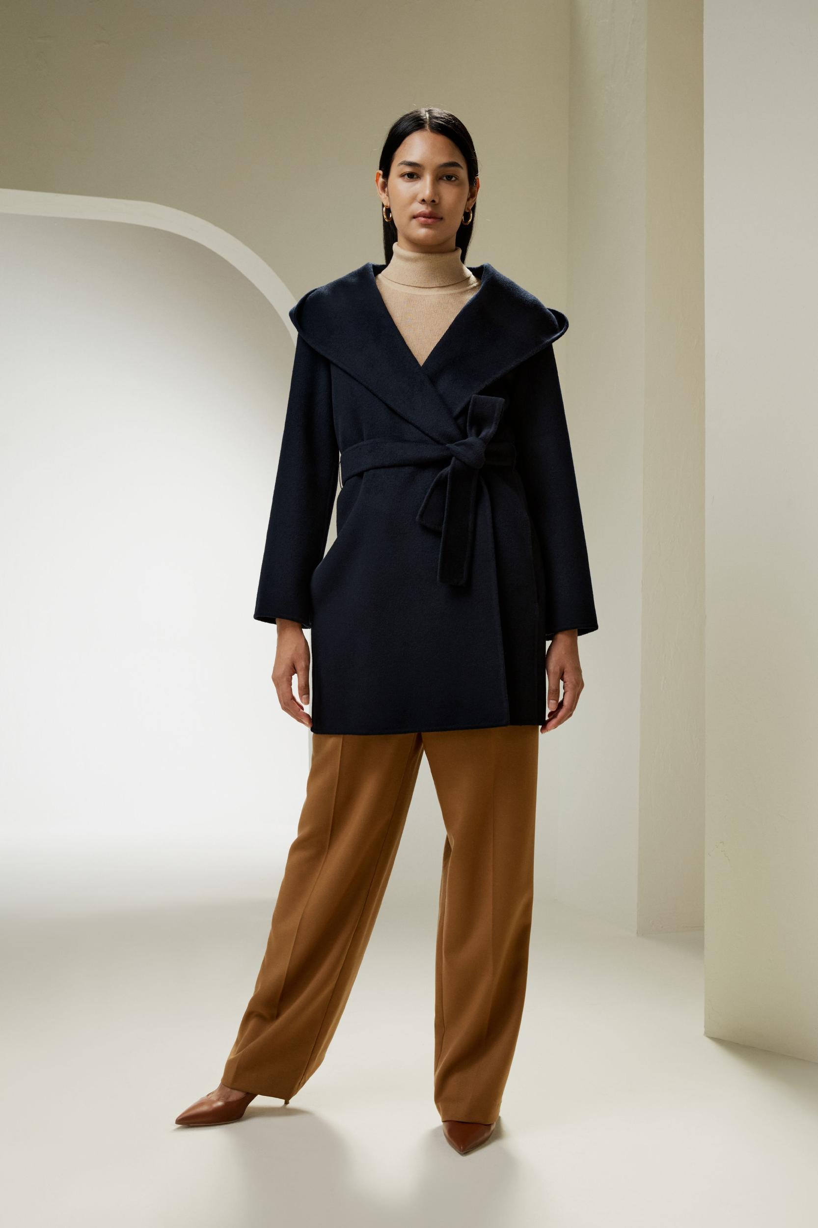 Cashmere-Wool-Blend Belted Short Hooded Coat Product Image