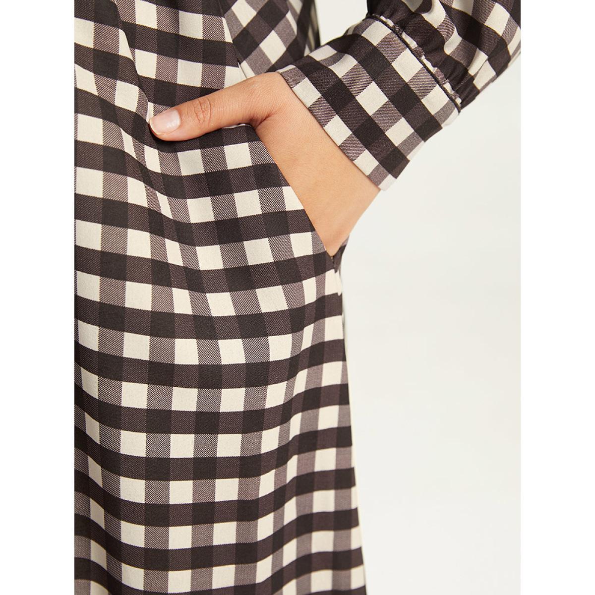 Plus Size Gingham Pocket Elastic Waist Ruffle Hem Dress DarkBrown Women Casual Printed V-neck Long Sleeve Curvy Midi Dress BloomChic 10/M Product Image