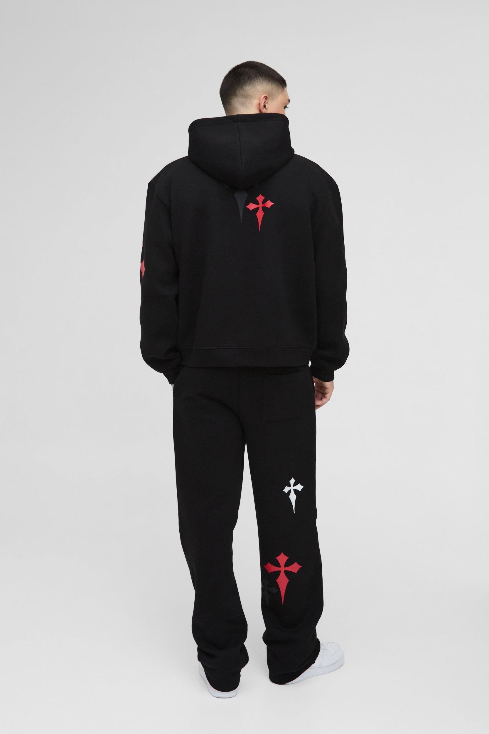 Oversized Boxy Cross Embroidered Printed Zip Through Hooded Tracksuit | boohooMAN USA Product Image
