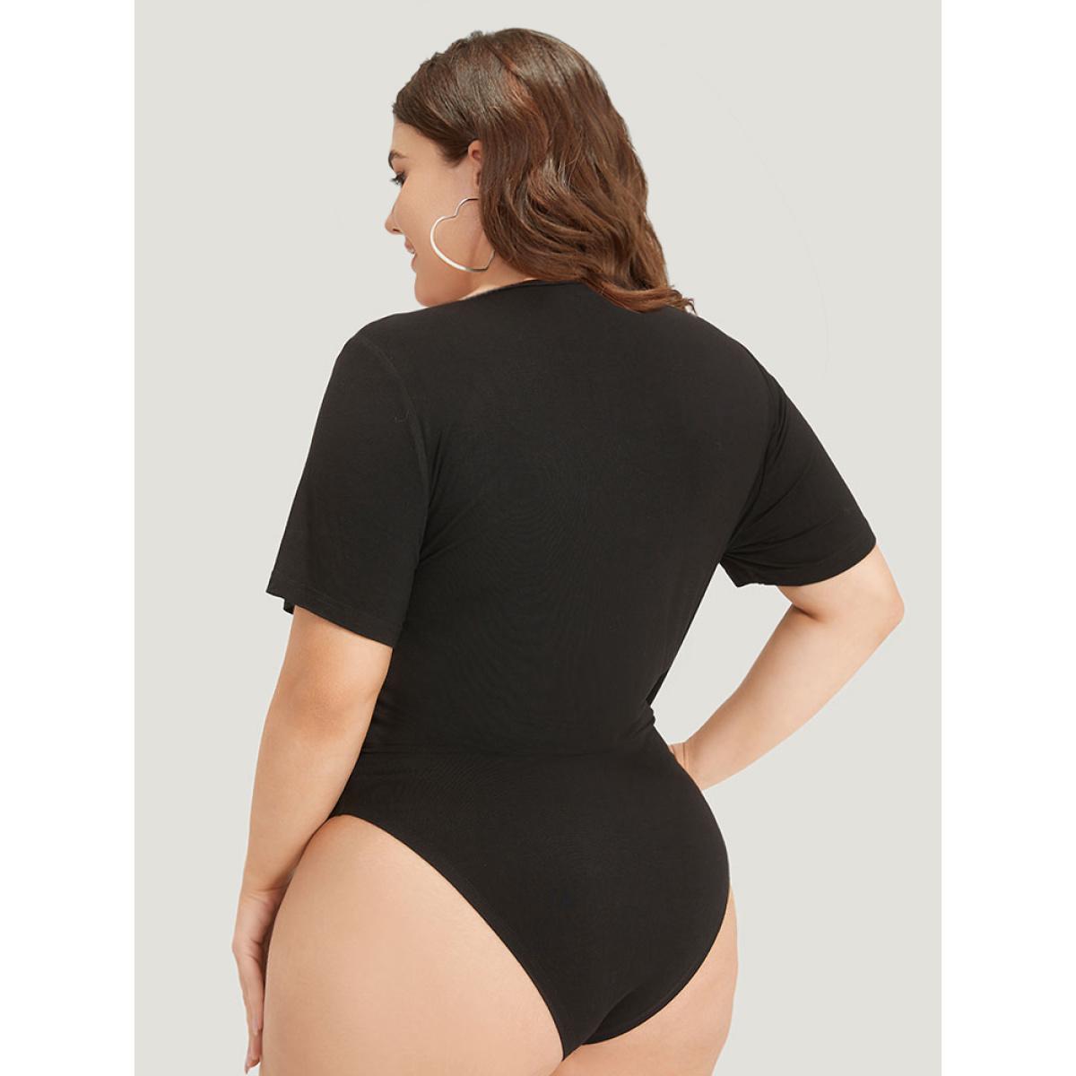 Plus Size Contrast Lace Patchwork V Neck Bodysuit Women Black Plain Lace Bodysuits BloomChic 18-20/2X Product Image