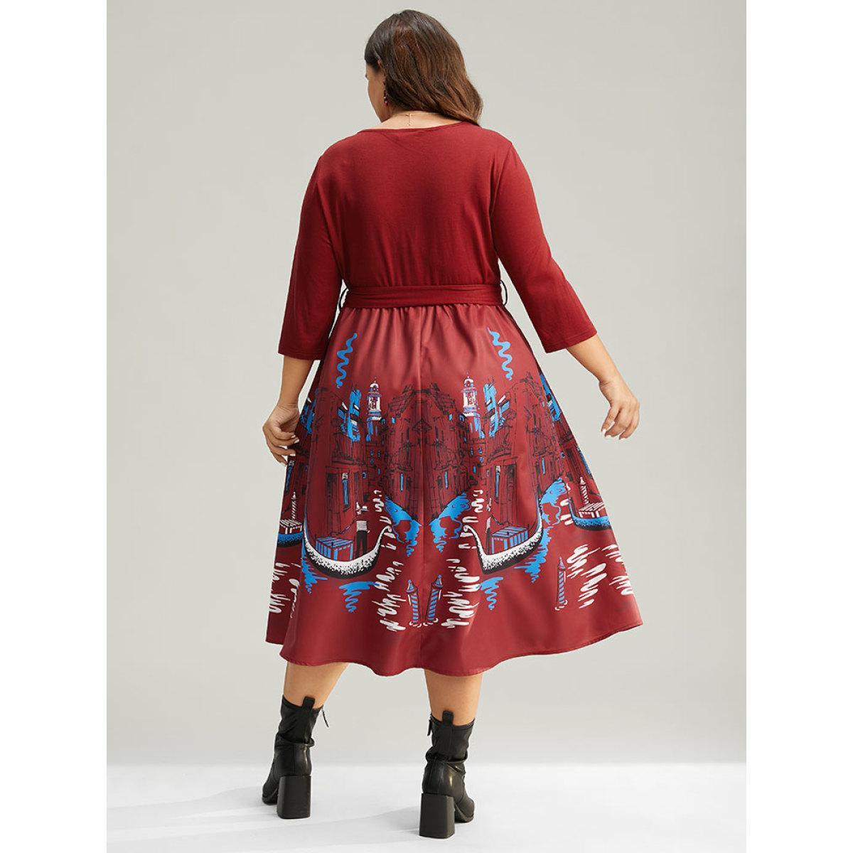 Plus Size Boho Print Patchwork Belted Gathered Dress Scarlet Women Office Printed Round Neck Elbow-length sleeve Curvy Midi Dress BloomChic 30/6X Product Image