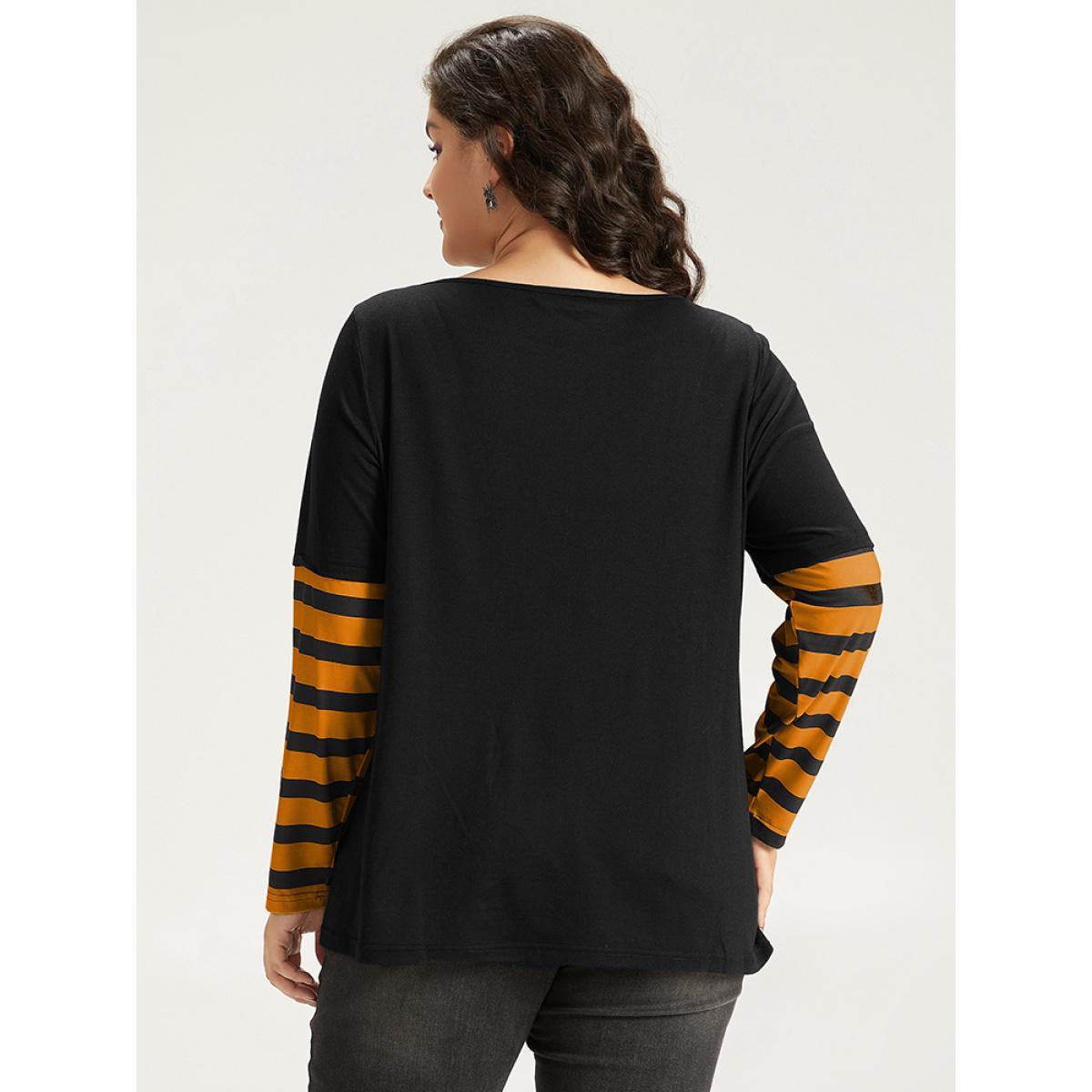 Plus Size Halloween Striped & Skull Print Patchwork T-shirt Orange Women Casual Printed Halloween Festival-Halloween T-shirts BloomChic 18-20/2X Product Image