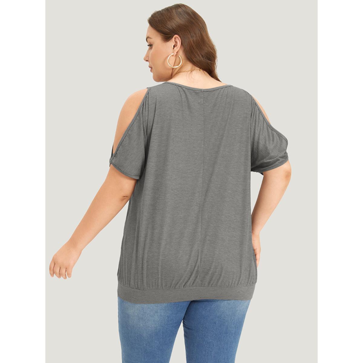 Plus Size Feather Print Cold Shoulder Crew Neck T-shirt Gray Women Elegant Printed Feather Round Neck Dailywear T-shirts BloomChic 26/4X Product Image