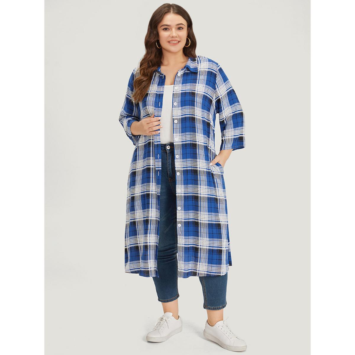 Plus Size Plaid Shirt Collar Pocket Button Through Kimono Women Indigo Casual Button Loose Pocket Dailywear Kimonos BloomChic 30/6X Product Image