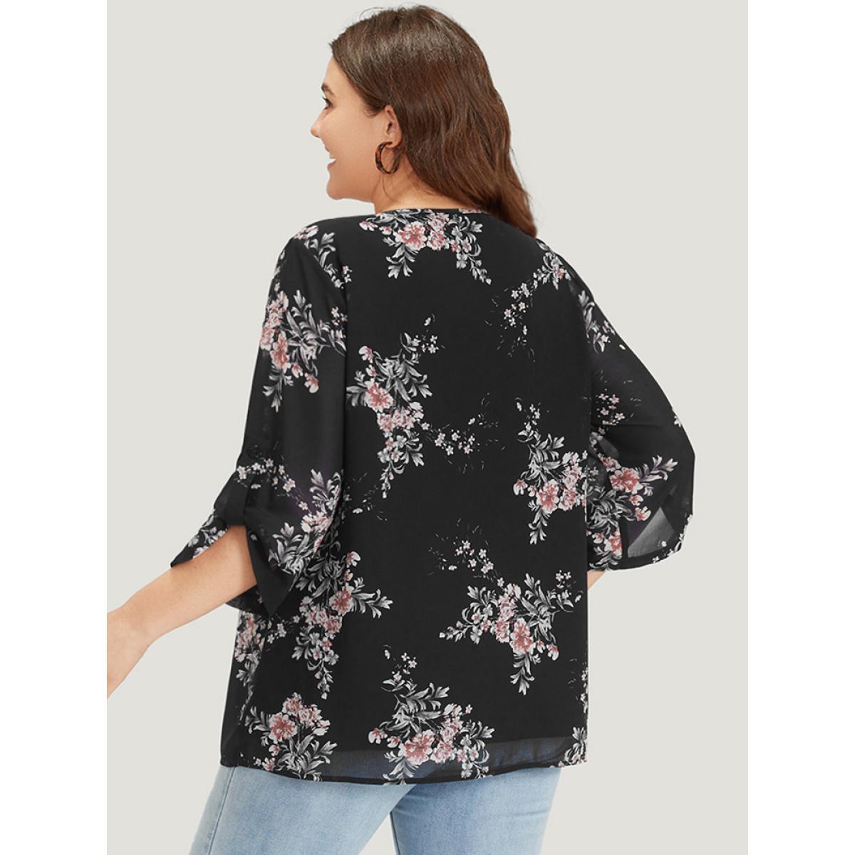Plus Size Indigo Floral Print Knot Neck Mesh Tab Sleeve Blouse Women Elegant Elbow-length sleeve Tie Neck Dailywear Blouses BloomChic 26/4X Product Image