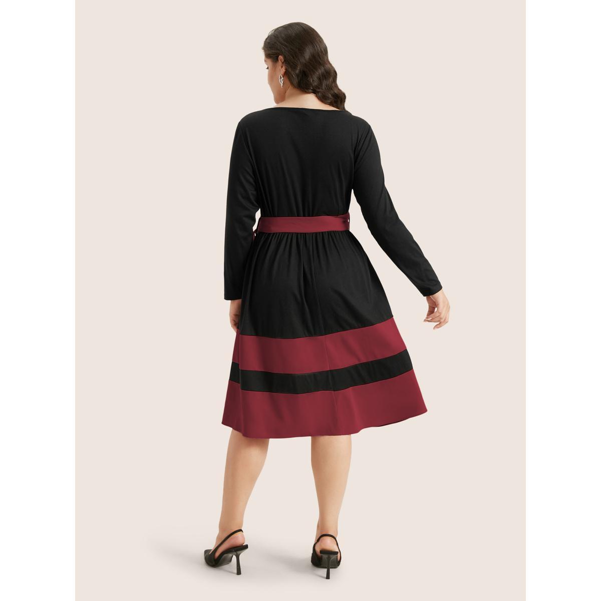 Plus Size Two Tone Belted Bowknot Square Neck Dress Burgundy Women Elegant Non Square Neck Long Sleeve Curvy Knee Dress BloomChic 14-16/1X Product Image