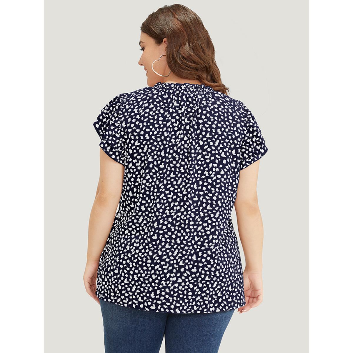 Plus Size Indigo Allover Print Mock Neck Ruffle Layered Sleeve Blouse Women Elegant Cap Sleeve Mock Neck Dailywear Blouses BloomChic 10/M Product Image