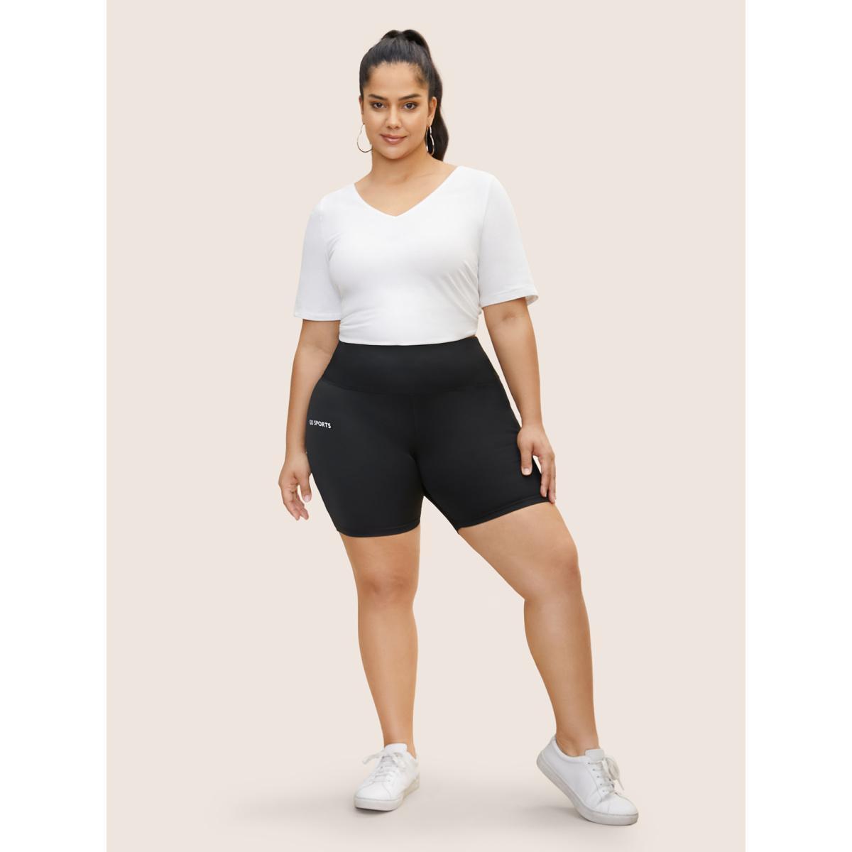 Plus Size Letter Print Wideband Waist High Rise Pants Women Black Casual Skinny High Rise Everyday Pants BloomChic 30/6X Product Image