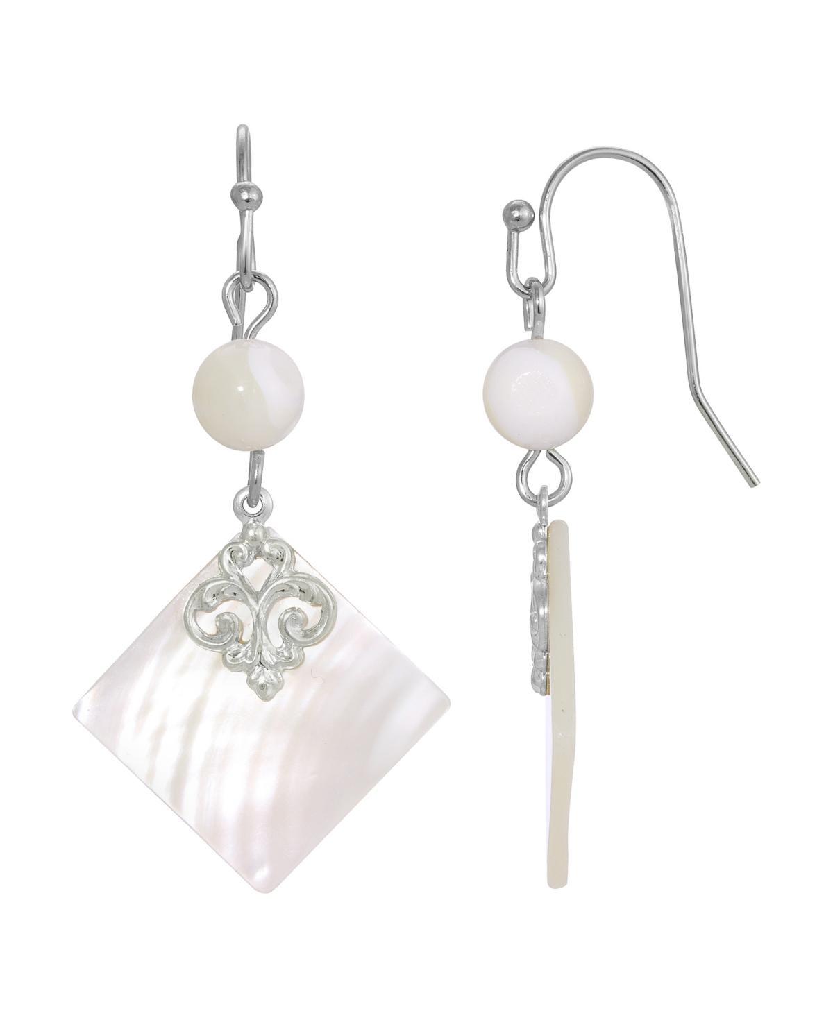 1928 Silver Tone Simulated Mother Of Pearl Shell Stone And Bead Drop Earrings, Womens, White Product Image