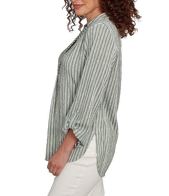 Ruby Rd. Crinkle Knit Stripe V-Neck Long Roll-Tab Sleeve Henley Top Product Image