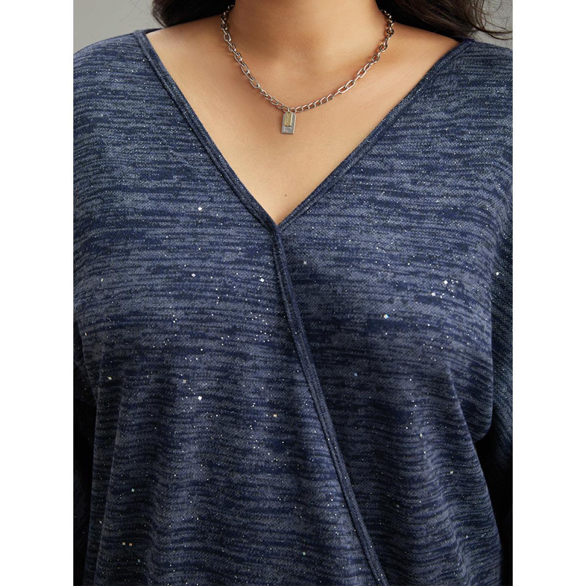 Plus Size Solid Heather V Neck Sequin T-shirt Blue Women Casual Texture Plain V-neck Everyday T-shirts BloomChic 26/4X Product Image