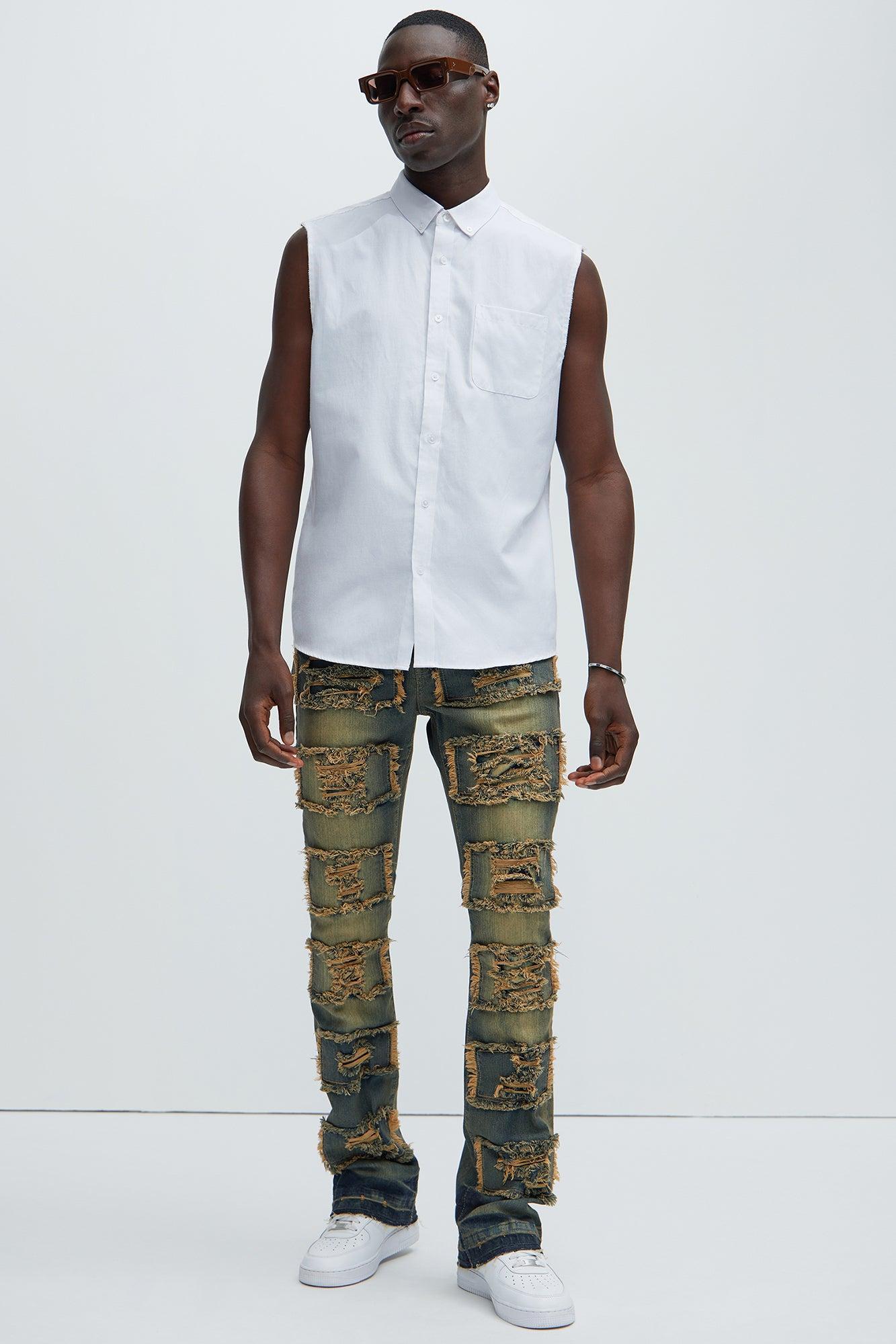 Patch Ripped Stacked Skinny Flare Jeans - Vintage Wash Product Image