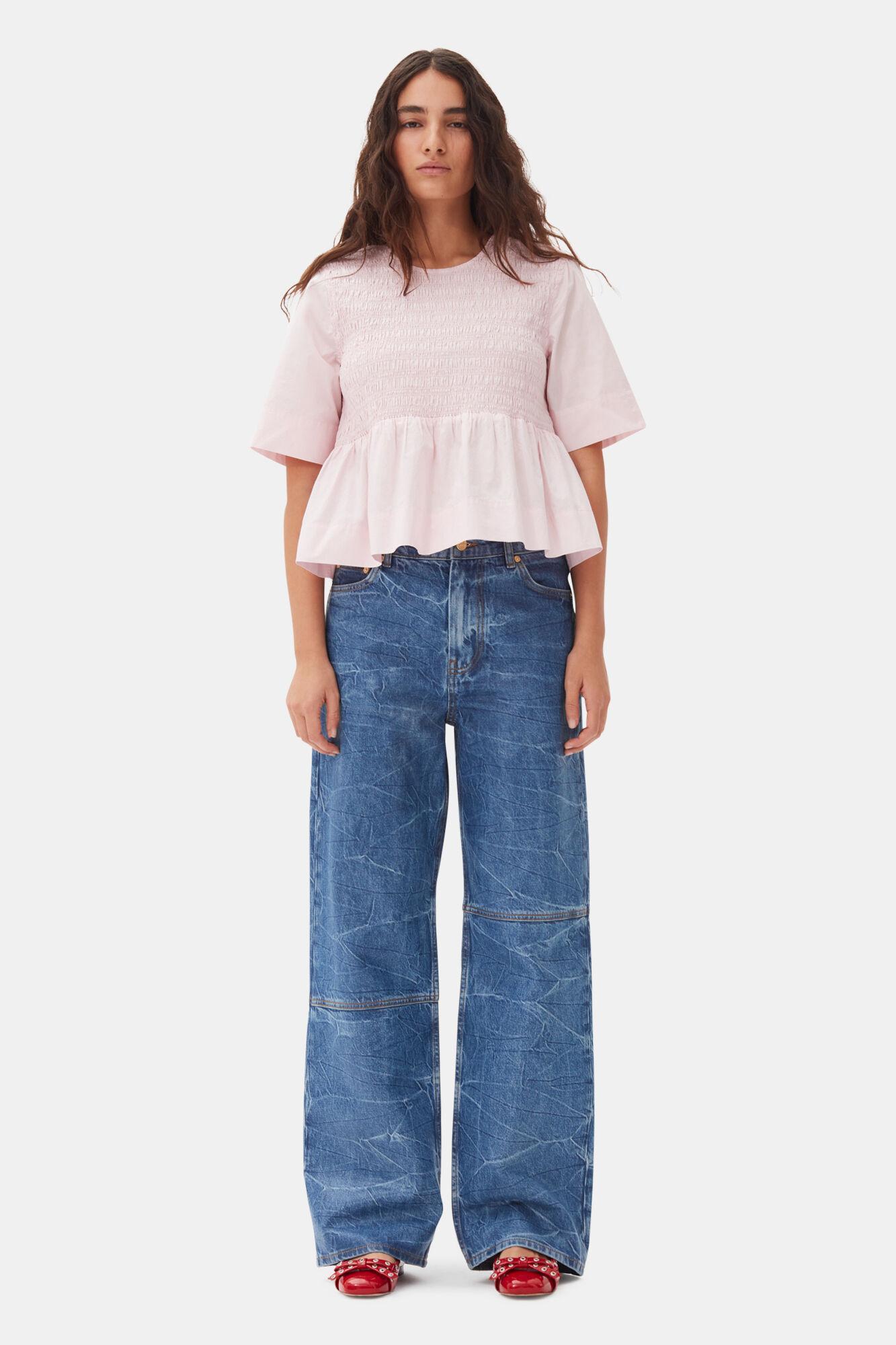 Pink Cotton Poplin Open Back Smock Blouse Product Image
