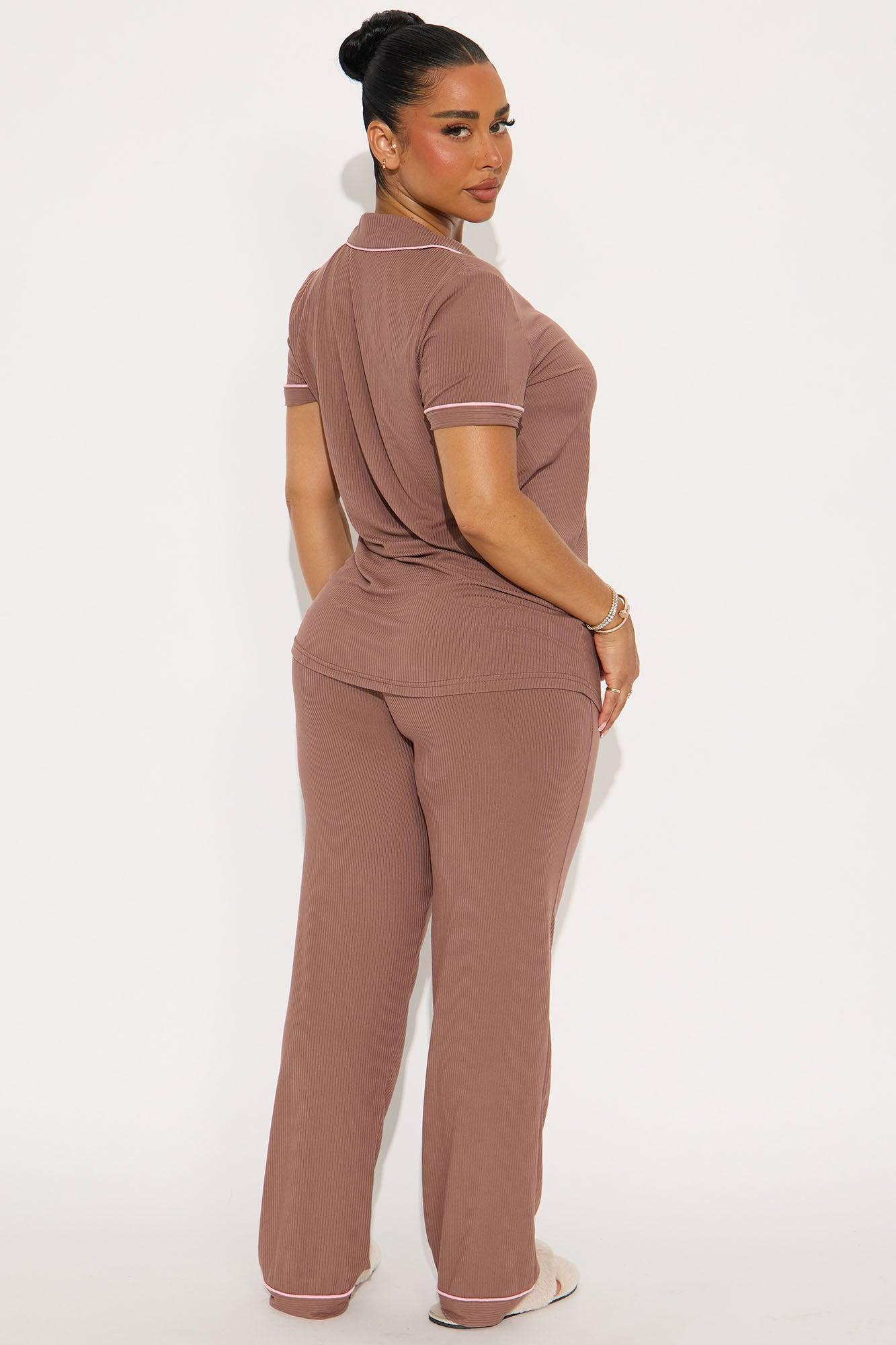 Sip Of Coffee Ribbed Short Sleeve PJ Pant Set - Brown Product Image