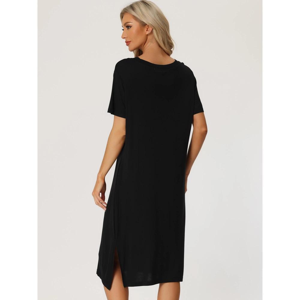 cheibear Women's Casual V-neck Short Sleeve T-shirt Dress Nightshirt Basic Midi Shirtdress Black Medium Product Image
