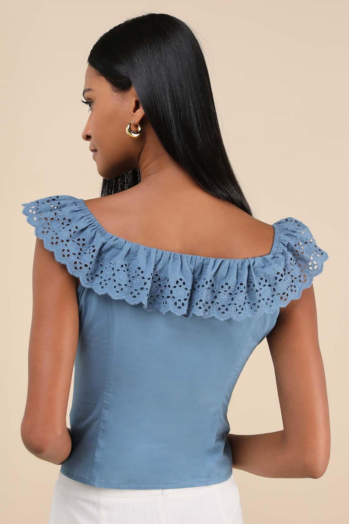 Alesana Blue Eyelet Embroidered Button-Front Top Product Image
