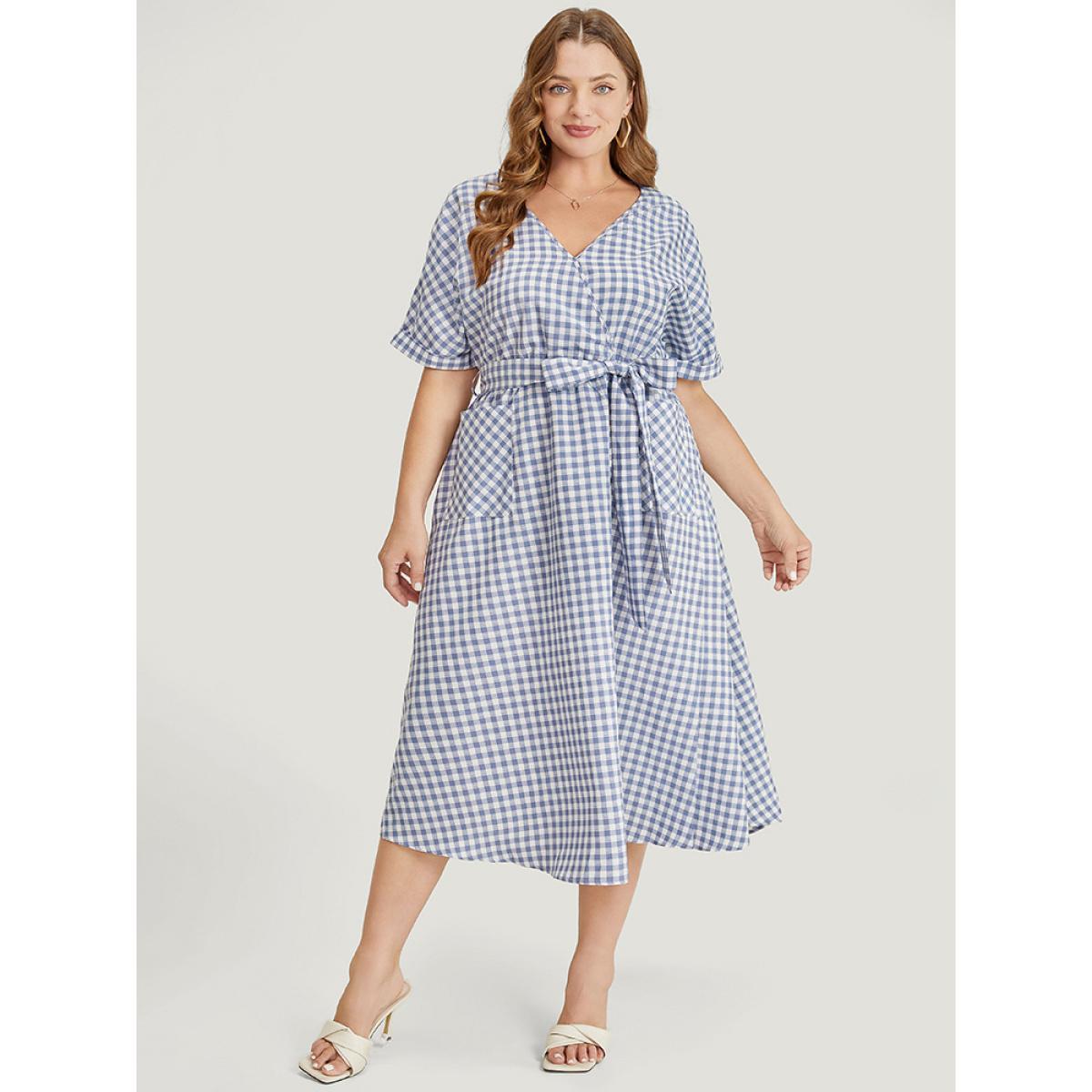 Plus Size Gingham Print Roll Batwing Sleeve Belt Pocket Wrap Dress Stone Women Office Wrap V-neck Short sleeve Curvy Midi Dress BloomChic 26/4X Product Image
