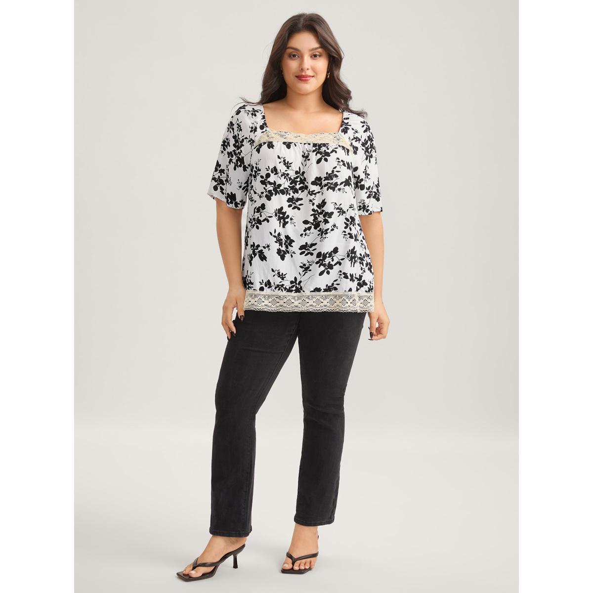 Plus Size WhiteSmoke Silhouette Floral Lace Detail Blouse Women Half Sleeve Square Neck Everyday-Elegant Blouses BloomChic 12/L Product Image