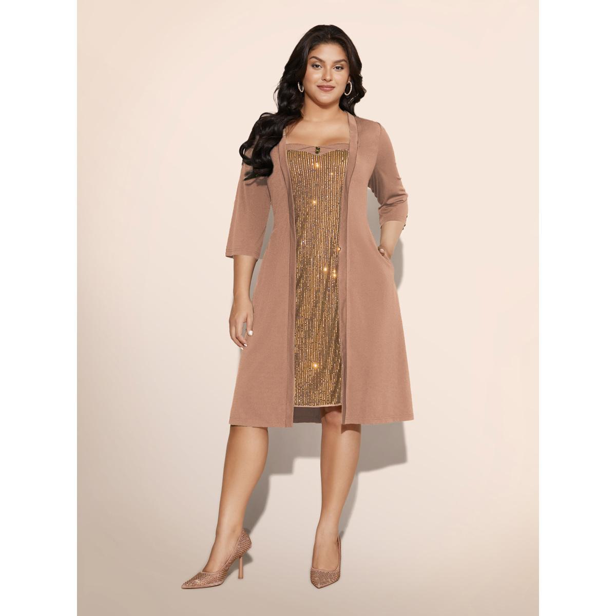 Plus Size Heart Neckline Patchwork Sequin Button Detail Dress Bronze Women Cocktail Texture Party Curvy Bloomchic 18-20/2X Product Image