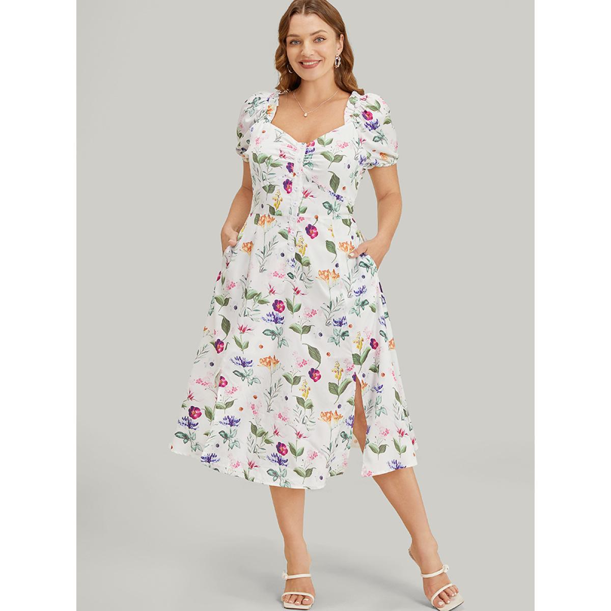 Plus Size Floral Split Hem Button Detail Pocket Ruched Puff Sleeve Dress Multicolor Women Elegant Ruched V-neck Short sleeve Curvy Midi Dress BloomChic 22-24/3X Product Image