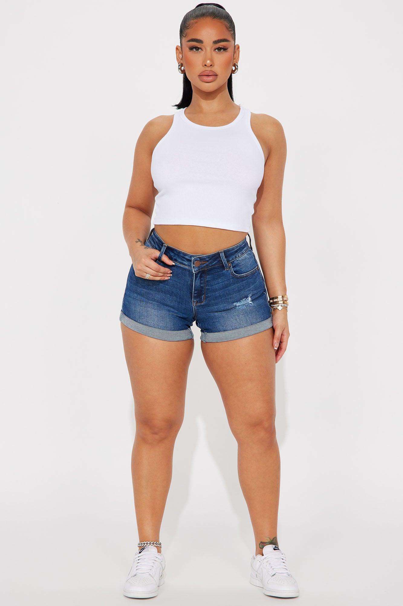 Perfect Stretch Ripped Roll Cuff Short - Dark Wash Product Image
