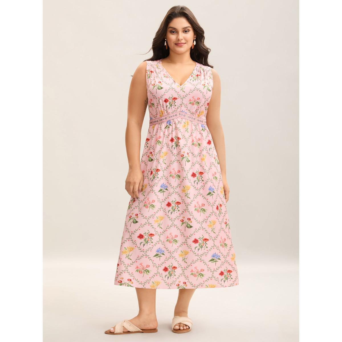Plus Size Floral Abstract Print V-Neck Maxi Dress Crepe Women Gathered V-neck Sleeveless Curvy BloomChic 22-24/3X Product Image