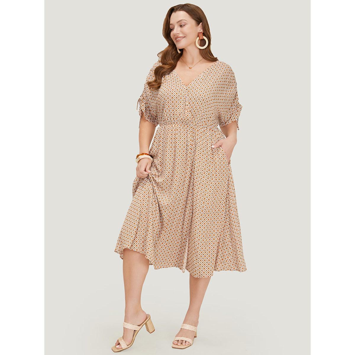 Plus Size Bandana Print Ruffles Pocket Wrap Drawstring Sleeve Dress LightBrown Women Vacation Wrap V-neck Short sleeve Curvy Midi Dress BloomChic 10/M Product Image