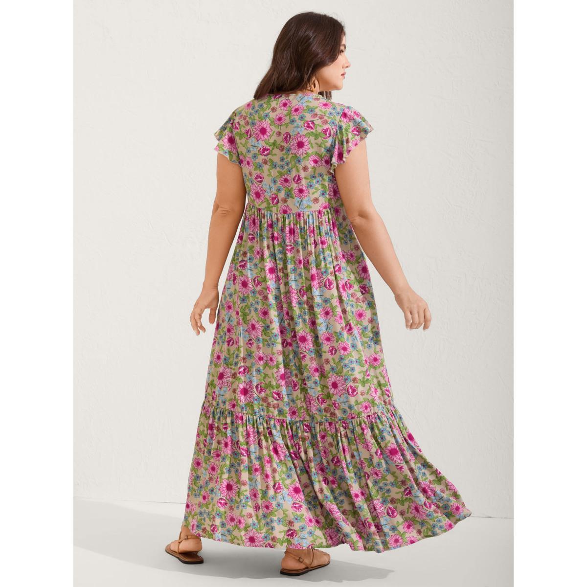 Plus Size Sweet Floral Lace Trim Tiered Maxi Dress Multicolor Women V-neck Cap Sleeve Curvy BloomChic 22-24/3X Product Image